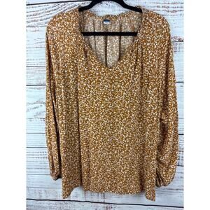Womens Old Navy Mustard Yellow Floral V Neck Flowy Tunic Blouse Boho XXL TALL